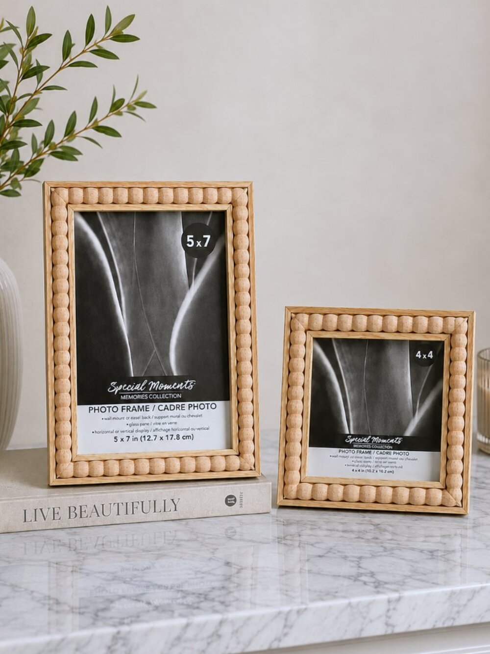 SPECIAL MOMENTS Beaded Wood Picture Frame SET Light Natural Wood Modern Rustic